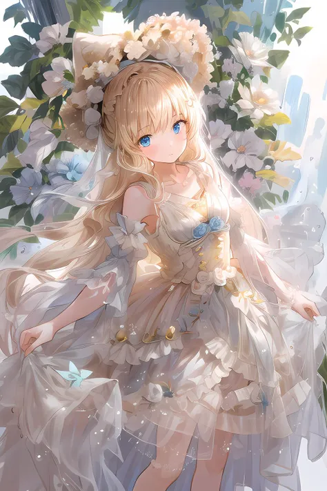 beautiful illustration, petite,best quality, cute girl,blonde long hair,nature,bright lighting, <lora:add_detail:0.5> <lora:lolitaFashionDress_floral_style3:0.7>