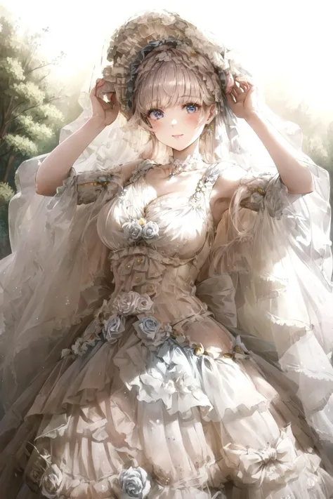 masterpiece, best quality, ultra-detailed, illustration, an extremely delicate and beautiful, 1girl, solo,(Beautiful,large_Breasts),light smile,<lora:lolitaFashionDress_floral_style3:0.7>,lolita_dress,nature,garden, <lora:flat2:-0.3>,<lora:LowRA:-0.2>, <lora:hipoly_3dcg_v7-epoch:0.3:NF>