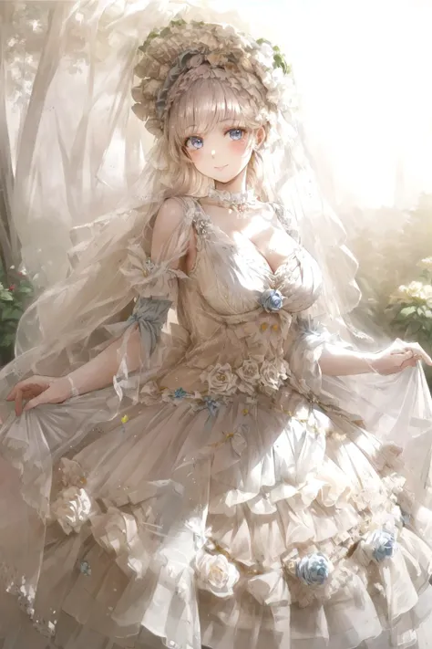 masterpiece, best quality, ultra-detailed, illustration, an extremely delicate and beautiful, 1girl, solo,(Beautiful,large_Breasts),light smile,<lora:lolitaFashionDress_floral_style3:0.7>,lolita_dress,nature,garden, <lora:flat2:-0.3>,<lora:LowRA:-0.2>, <lora:hipoly_3dcg_v7-epoch:0.3:NF>,curtsey