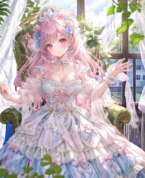 masterpiece, best quality, ultra-detailed, illustration, an extremely delicate and beautiful, 1girl, solo, five fingers,(Beautiful,large_Breasts),light smile,
<lora:lolita_dress_classic_1_v3:0.6>,lolita_dress,
(in the messy room:1.3),(cute interior:1.5),(pink room),window,kawaii room,canopy,frills,pink chair,(baldachin:1.5),(Foliage plant:1.2),(chesterfield chair:1.5),
blue hair, <lora:flat2:-0.3>