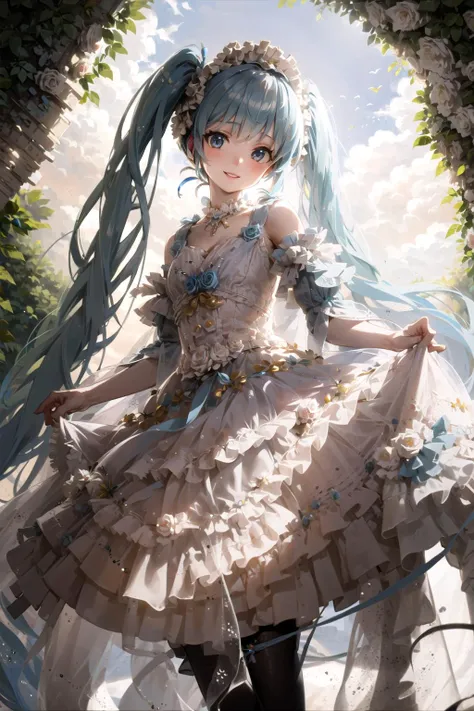 masterpiece, best quality, 1girl, hatsune miku, twintails, very long hair, aqua hair, solo, garden, smile, looking at viewer, lolita_dress, dress lift, <lora:lolitaFashionDress_floral_style3:0.6>