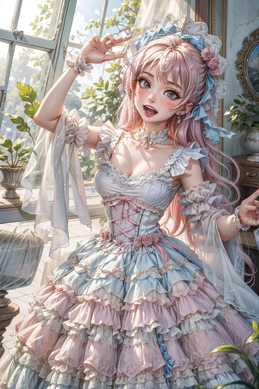((best quality, masterpiece)), ((style-swirlmagic):0.5), 1girl, ta_dress , mansion , living room, plants at window, blush , open mouth, <lora:more_details:0.5>, <lora:loliress_classic_1_v3:0.5> <lora:DI_belle_delphine_v1:0.45> <lora:HannaHowo-Shurik_RealPersonTraining_4LV2:0.35>