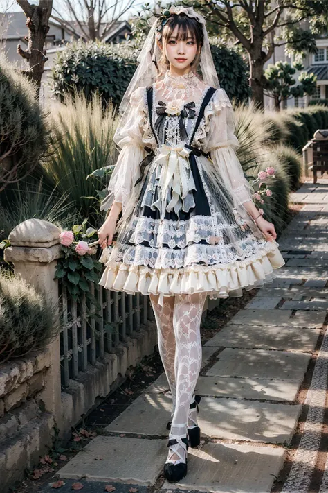 (realistic:1.3), finely detailed, quality, rembrandt lighting, (masterpiece:1.2), (photorealistic:1.2), (best quality), (detailed skin:1.3), (intricate details), dramatic, ray tracing, 1girl, japanese girl, 21 years old, detailed skin texture, (blush:0.5), (goosebumps:0.5), subsurface scattering, smiling, medium breasts, very long hair, blunt bangs, lolita_dress, hair ornament, head veil, ribbons, bows, frills, puffy sleeves, see-through, lace, stockings, high heels, full body, (strolling, outdoors, bright sunny day, garden, clouds, flowers, trees), <lora:lolita_fasion_dress_classic_style2:0.8>