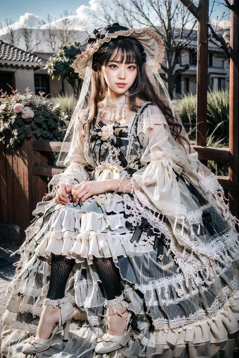 (realistic:1.3), finely detailed, quality, rembrandt lighting, (masterpiece:1.2), (photorealistic:1.2), (best quality), (detailed skin:1.3), (intricate details), dramatic, ray tracing, 1girl, japanese girl, 21 years old, detailed skin texture, (blush:0.5), (goosebumps:0.5), subsurface scattering, smiling, medium breasts, very long hair, blunt bangs, lolita_dress, hat, veil, ribbons, bows, frills, puffy sleeves, see-through, lace, stockings, high heels, full body, (outdoors, bright sunny day, garden, clouds, flowers, trees), <lora:lolita_fasion_dress_classic_style2:0.8>