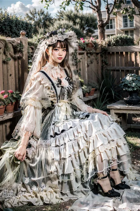 (realistic:1.3), finely detailed, quality, rembrandt lighting, (masterpiece:1.2), (photorealistic:1.2), (best quality), (detailed skin:1.3), (intricate details), dramatic, ray tracing, 1girl, japanese girl, 21 years old, detailed skin texture, (blush:0.5), (goosebumps:0.5), subsurface scattering, smiling, medium breasts, very long hair, blunt bangs, lolita_dress, hat, veil, ribbons, bows, frills, puffy sleeves, see-through, lace, stockings, high heels, full body, (sitting, outdoors, bright sunny day, garden, clouds, flowers, trees), <lora:lolita_fasion_dress_classic_style2:0.8>