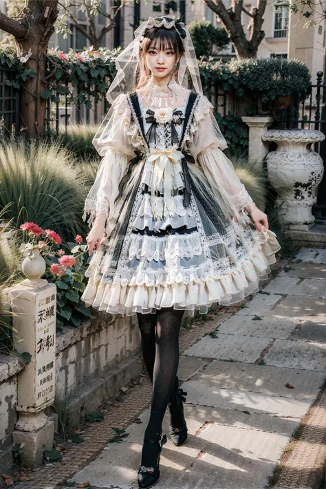 (realistic:1.3), finely detailed, quality, rembrandt lighting, (masterpiece:1.2), (photorealistic:1.2), (best quality), (detailed skin:1.3), (intricate details), dramatic, ray tracing, 1girl, japanese girl, 21 years old, detailed skin texture, (blush:0.5), (goosebumps:0.5), subsurface scattering, smiling, medium breasts, very long hair, blunt bangs, lolita_dress, hair ornament, head veil, ribbons, bows, frills, puffy sleeves, see-through, lace, stockings, high heels, full body, (strolling, outdoors, bright sunny day, garden, clouds, flowers, trees), <lora:lolita_fasion_dress_classic_style2:0.8>