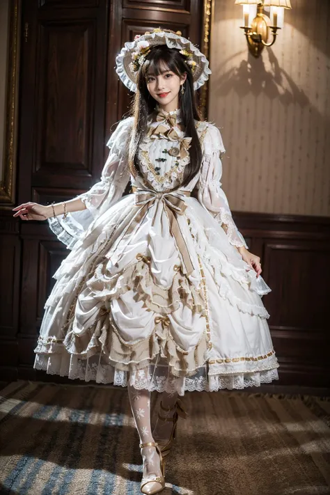 best quality, masterpiece, photorealistic, 1girl, solo, full body, standing, long black straight hair, blunt bangs, looking at viewer, smile, lo dress, layered dress, long dress, lace-trimmed dress, yellow dress, frills, puffy sleeves, wide sleeves, bow, jewelry, long sleeves, hat, white thighhighs, high heels, <lora:lo_dress_classic_style4_v1:0.65>