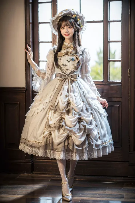 best quality, masterpiece, photorealistic, 1girl, solo, full body, standing, long black straight hair, blunt bangs, looking at viewer, smile, lo dress, layered dress, long dress, lace-trimmed dress, yellow dress, frills, puffy sleeves, wide sleeves, bow, jewelry, long sleeves, hat, white thighhighs, high heels, <lora:lo_dress_classic_style4_v1:0.65>