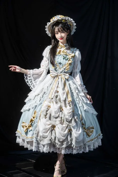 best quality, masterpiece, photorealistic, 1girl, solo, full body, standing, long black straight hair, blunt bangs, looking at viewer, smile, lo dress, layered dress, long dress, lace-trimmed dress, yellow dress, frills, puffy sleeves, wide sleeves, bow, jewelry, long sleeves, hat, white thighhighs, high heels, <lora:lo_dress_classic_style4_v1:0.65>