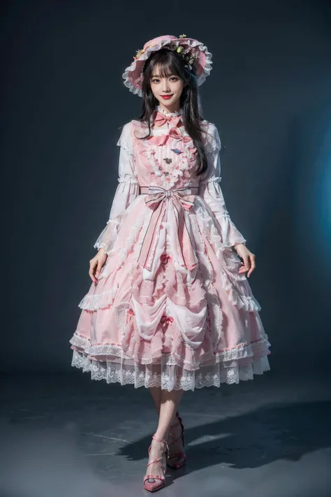best quality, masterpiece, photorealistic, 1girl, solo, full body, standing, long black straight hair, blunt bangs, looking at viewer, smile, lo dress, layered dress, long dress, lace-trimmed dress, pink dress, frills, puffy sleeves, wide sleeves, bow, jewelry, long sleeves, hat, white thighhighs, high heels, simple background, <lora:lo_dress_classic_style4_v1:0.65>