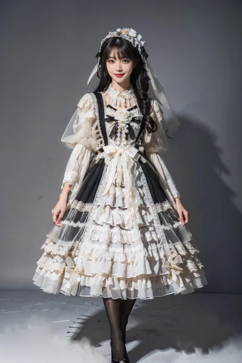 best quality, masterpiece, photorealistic, 1girl, solo, full body, standing, long black straight hair, blunt bangs, looking at viewer, smile, black dress, lo dress, layered dress, veil, lace-trimmed dress, long sleeves, puffy sleeves, wide sleeves, see-through sleeves, jewelry, frills, hair ornament, hair flower, long dress, lace, white thighhighs, high heels, simple background, <lora:lo_dress_classic_style2_v2:0.65>