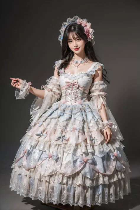 best quality, masterpiece, photorealistic, 1girl, solo, full body, balck hair, straight hair, blunt bangs, looking at viewer, smile, lo dress, layered dress, wrist cuffs, frills, detached sleeves, bow, necklace, jewelry, long dress, simple background, <lora:lo_dress_classic_style1_v2:0.65>