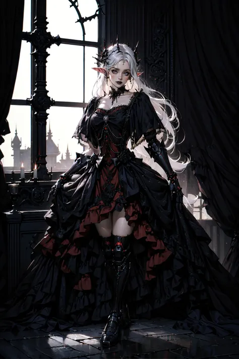 (masterpiece, best quality, detailed, vibrant colors, dimly lit, rim lighting), esoteric, (occult, gothic), eerie, (solo), full body, (elven girl), robot, bionic arms, (bionic legs), skimpy clothes, long dress, (lo dress), black frilly drapes, in front of a window <lora:lo_dress_gothic_style2_v2:0.7>