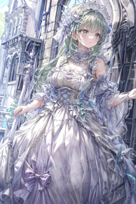 (masterpiece, best quality:1.3),beautiful detailed glow,best illuminate,(((best quality,textile shading,ultra detailed))),extremely detailed CG unity 8k wallpaper,Highly Detailed beautiful and aesthetic,best light,high resolution,detailed,dynamic lighting,
1girl, solo,aroused,profile,
light green hair,
carry me,
<lora:lo_dress_classic_style3_v1:0.7>,lodress,
castle,(detailed background:1.3),
<lora:add_detail:1.2>