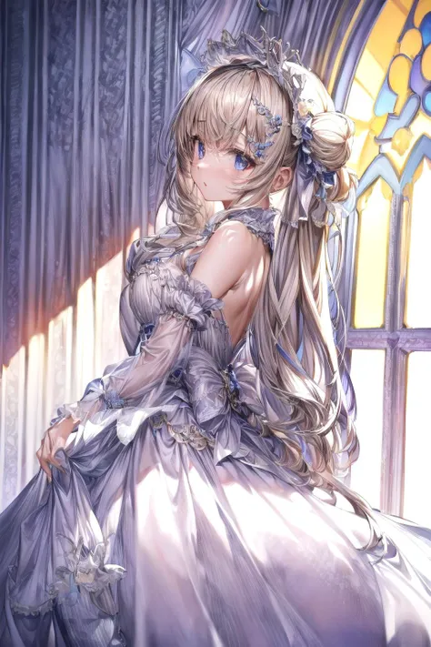 (masterpiece, best quality:1.3),beautiful detailed glow,best illuminate,(((best quality,textile shading,ultra detailed))),extremely detailed CG unity 8k wallpaper,Highly Detailed beautiful and aesthetic,best light,high resolution,detailed,dynamic lighting,
1girl, solo,aroused,from side,
blonde hair,
dojikko pose,
<lora:lo_dress_classic_style3_v1:0.7>,lodress,
castle,(detailed background:1.3),
 <lora:add_detail:1.2>