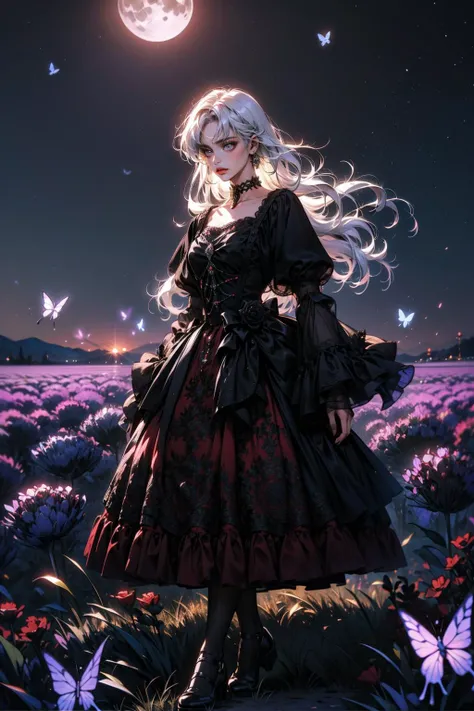 (masterpiece:1.1), (best quality:1.1), (detailed:1.0), (vibrant colors:1.2), BREAK,
(night:1.0), (moonlight:1.0), (outdoors:1.0), (prairie:1.0), (flowers:1.2), (roses:1.0), (tulips:1.0), (lavender:1.0), (daisy:1.0), BREAK,
(solo:1.2), (full body:1.0), (white long hair:1.0), (surrounded by glowing butterflies:1.2), (layered dress:1.0), (wide sleeves:1.0), (frills:1.0), (choker:1.0), (sad:1.2), (loner:1.0), (emotional:1.0), <lora:lo_dress_gothic_style2_v2:0.6> ,