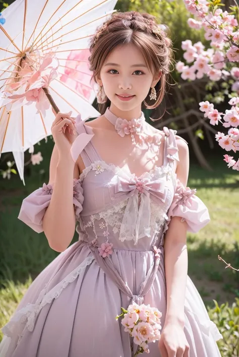 1girl, realistic, photorealistic, masterpiece, best quality, ultra detailed, looking at viewer, smile, lolita_dress, standing, cinematic lighting, in garden, cherry blossoms, <lora:shojovibe_v11:0.7>,<lora:lolitaFashionDress_v11:0.6>