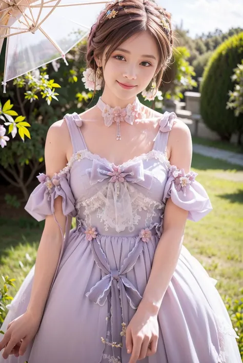 1girl, realistic, photorealistic, masterpiece, best quality,  ultra detailed, looking at viewer, smile, lolita_dress, standing, cinematic lighting, in garden, cherry blossoms,  <lora:shojovibe_v11:0.7>,<lora:lolitaFashionDress_v11:0.6>