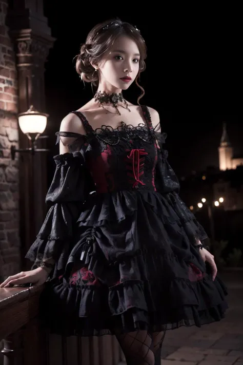 realistic, photorealistic, masterpiece, best quality, 1girl, solo, castle in the background, night, looking at viewer, expressionless, lolita_dress, black pantyhose,(pureerosface_v1:0.8), <lora:shojovibe_v11:0.5>, <lora:gothic_lolita_dress_v10:0.7>