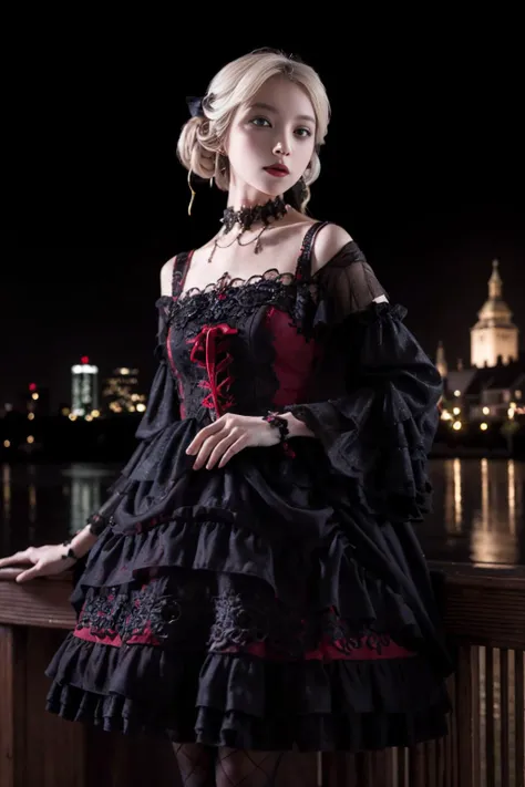 realistic, photorealistic, masterpiece, best quality, 1girl, solo, castle in the background, night, looking at viewer, expressionless, lolita_dress, black pantyhose,(pureerosface_v1:0.8), <lora:shojovibe_v11:0.5>, <lora:gothic_lolita_dress_v10:0.7>
