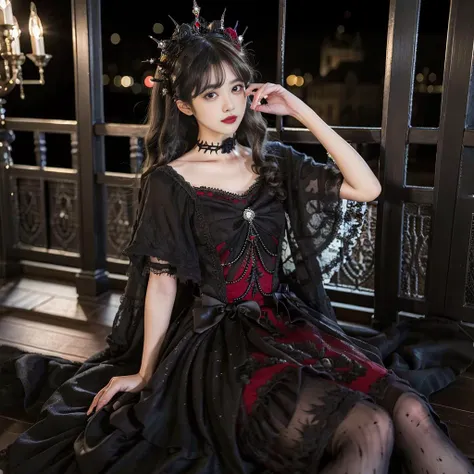 realistic, photorealistic, masterpiece, best quality, 1girl, long black straight hair, solo, sitting,in castle, night, looking at viewer, lolita_dress, black pantyhose,long dress,(pureerosface_v1:0.8), <lora:JapaneseDollLikeness_v15:0.6>,<lora:lolitaFashionDress_gothic_style2:0.7>