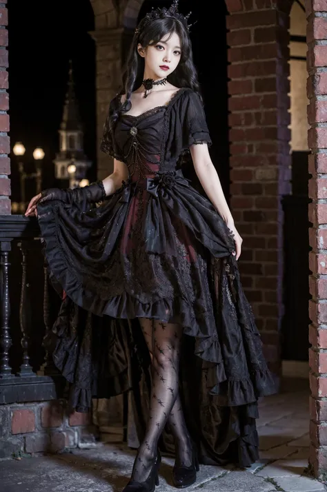 realistic, photorealistic, masterpiece, best quality, 1girl, long black hair, solo, standing, in castle, night, looking at viewer, lolita_dress, black pantyhose, long dress,(pureerosface_v1:0.8), <lora:Cute Asian Face:0.6>, <lora:lolitaFashionDress_gothic_style2:0.7>