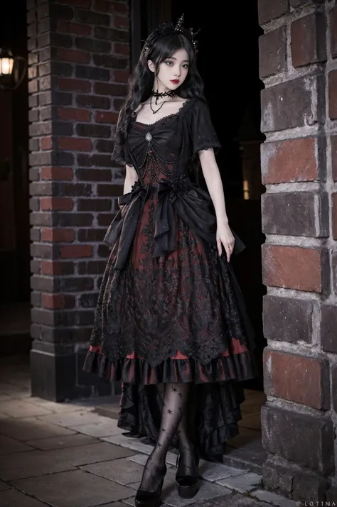 realistic, photorealistic, masterpiece, best quality, 1girl, long black hair, solo, standing, in castle, night, looking at viewer, lolita_dress, black pantyhose, long dress,(pureerosface_v1:0.8), <lora:Cute Asian Face:0.6>, <lora:lolitaFashionDress_gothic_style2:0.7>