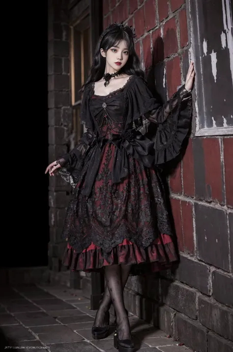 realistic, photorealistic, masterpiece, best quality, 1girl, long black hair,  solo, standing, in castle, night, looking at viewer,  lolita_dress, black pantyhose, long dress,(pureerosface_v1:0.8),  <lora:Cute Asian Face:0.6>, <lora:lolitaFashionDress_gothic_style2:0.7>