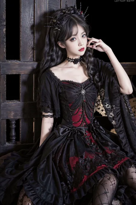 realistic, photorealistic, masterpiece, best quality, 1girl, long black hair, solo, sitting, in castle, night, looking at viewer, lolita_dress, black pantyhose, long dress,(pureerosface_v1:0.8), <lora:Cute Asian Face:0.6>, <lora:lolitaFashionDress_gothic_style2:0.7>