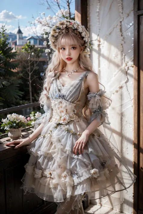 realistic, photorealistic, masterpiece, best quality, 1girl, long black straight hair,  solo, standing in garden, looking at viewer, white lolita_dress, (pureerosface_v1:0.5),<lora:lolitaFashionDress_floral_style3:0.7>, <lora:Cute Asian Face:0.6>