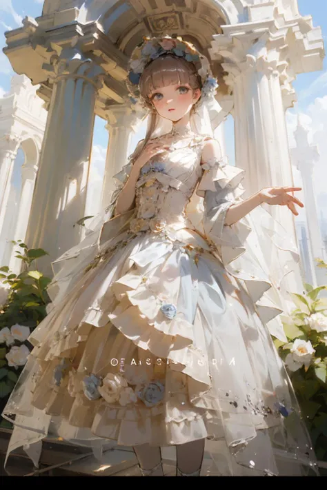 (masterpiece, top quality, best quality, official art, beautiful and aesthetic:1.2), 1girl, long black straight hair, solo, standing in garden, looking at viewer, white lolita_dress, <lora:lolitaFashionDress_floral_style3:0.7>
