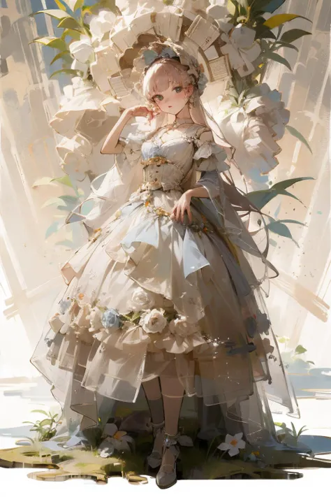 (masterpiece, top quality, best quality, official art, beautiful and aesthetic:1.2), 1girl, long black straight hair, solo, standing in garden, looking at viewer, white lolita_dress, <lora:lolitaFashionDress_floral_style3:0.7>