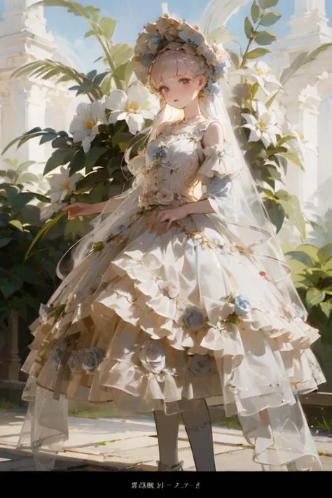 (masterpiece, top quality, best quality, official art, beautiful and aesthetic:1.2), 1girl, long black straight hair,  solo, standing in garden, looking at viewer, white lolita_dress, <lora:lolitaFashionDress_floral_style3:0.7>