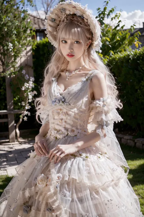 realistic, photorealistic, masterpiece, best quality, 1girl, long black straight hair,  solo, standing in garden, looking at viewer, white lolita_dress, (pureerosface_v1:0.5), <lora:lolitaFashionDress_floral_style3:0.7>, <lora:Cute Asian Face:0.6>