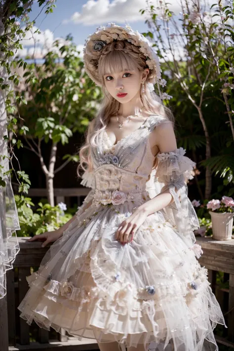 realistic, photorealistic, masterpiece, best quality, 1girl, long black straight hair,  solo, standing in garden, looking at viewer, white lolita_dress, (pureerosface_v1:0.5), <lora:lolitaFashionDress_floral_style3:0.7> , <lora:Cute Asian Face:0.6>