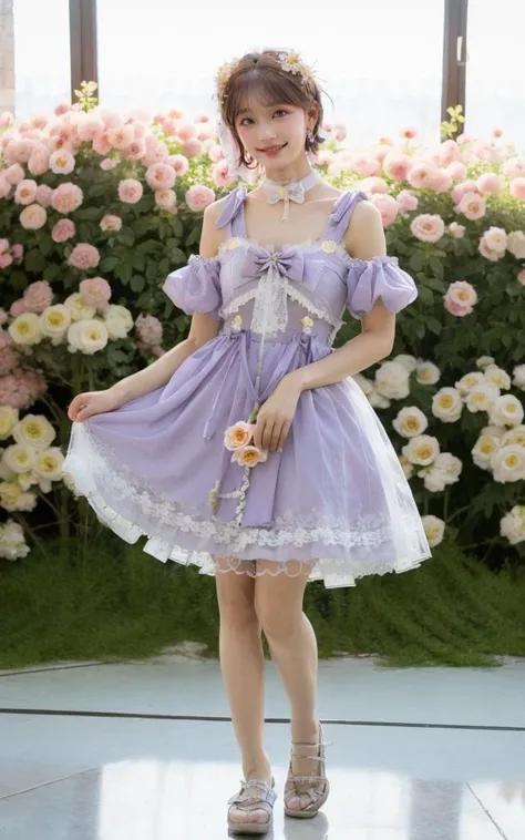 nikon RAW photo,8k,Fujifilm XT3,masterpiece,best quality,realistic,photorealistic,ultra detailed,extremely detailed face,reflection light,cinematic lighting, gril,1girl,solo,(full body:1.2), earrings, edium breasts, dynamic pose,happy,(Surrounded by flowers:1.2),flower,Rich details,smile, closed mouth,fashion,
flower shop,
Thistle short wavy_hair,
(Orange lolita_dress:1.2), <lora:lolitaFashionDress_v11:0.6:CLOTHING>,
(SeaGreen polka_dot_legwear:0.8),
<lora:sd-No.182:0.7>