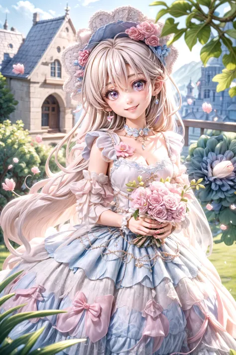 <lora:****ta_dress_classic_1_v3:0.5> ****ta_dress, 1girl, full body, smiling, detailed clothes, look at viewer, best quality, masterpiece, hires, depth of field, outdoor, castle, flowers, petals, detailed background, having bouquet, diffused natural sunlight, diffused natural skin glow <lora:add_detail:1>