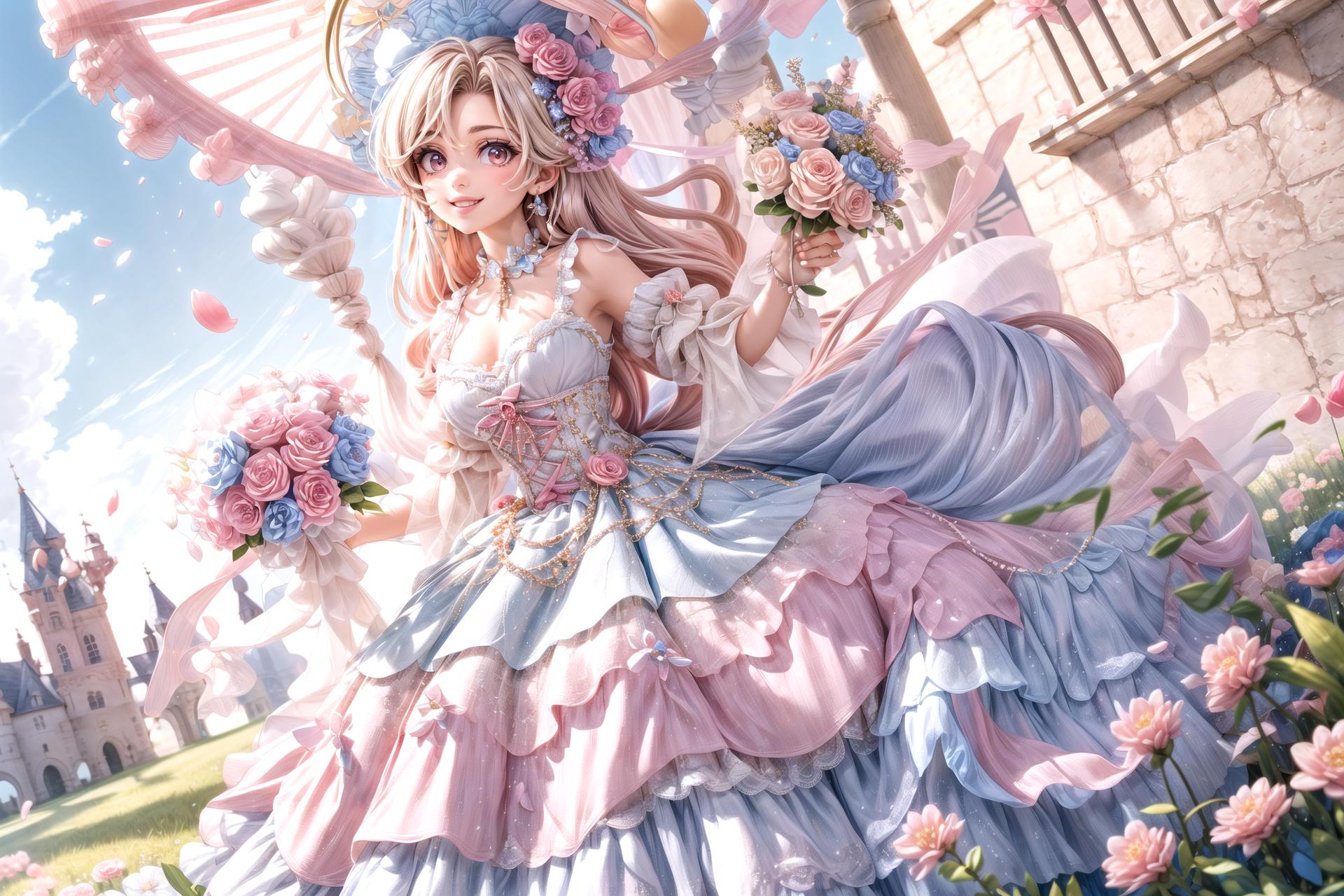 Anime girl in a dress with a pink umbrella and flowers - SeaArt AI