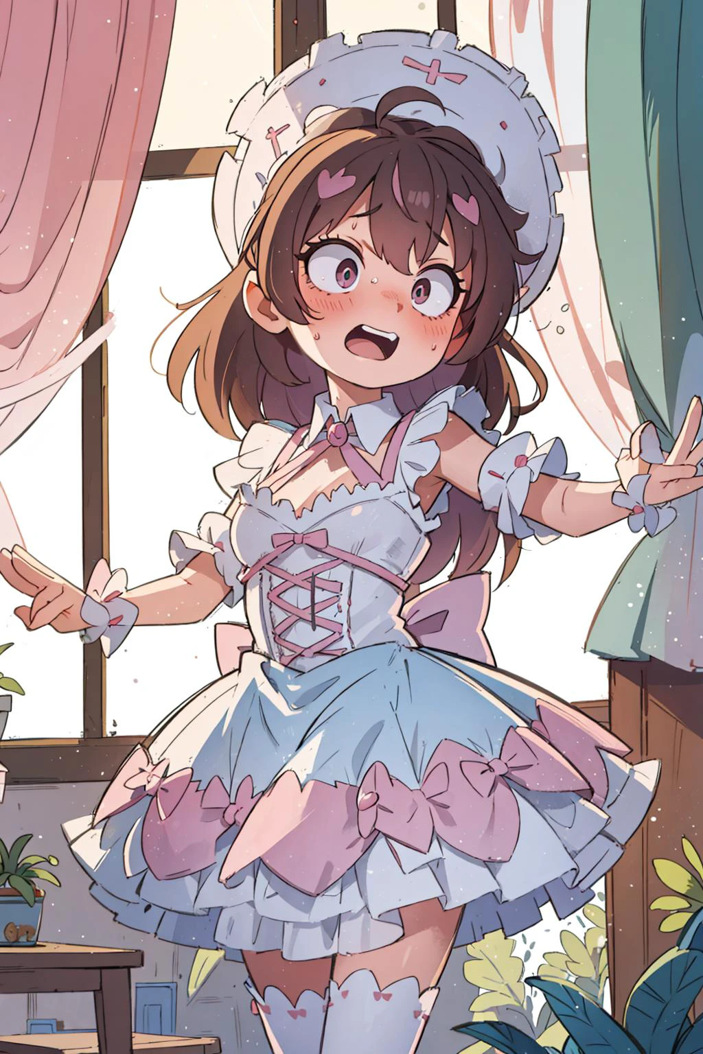 ((best quality, masterpiece)), ((style-swirlmagic):0.2),
1girl, ta_dress , mansion , living room, plants at window, embarrassed <lora:ArsEmbarrassed-t5:0.5>, (constricted pupils, small pupils), blush , open mouth,
<lora:more_details:-0.2>,<lora:Constricted Pupils5:0.5>, <lora:loliress_classic_1_v3:0.5>