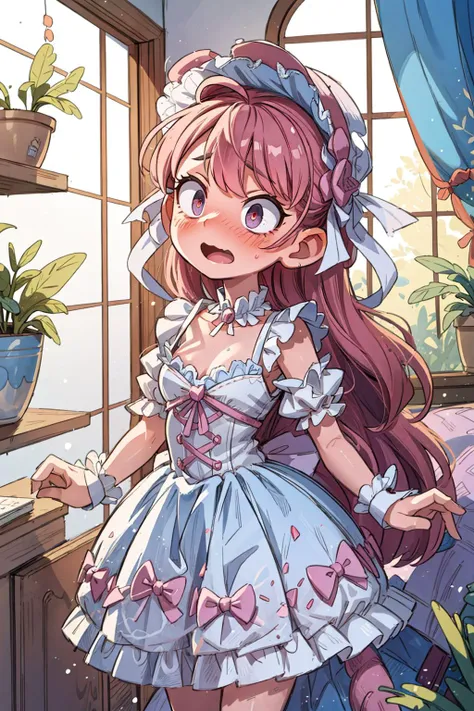 ((best quality, masterpiece)), ((style-swirlmagic):0.5),
1girl, ta_dress , mansion , living room, plants at window, embarrassed <lora:ArsEmbarrassed-t5:0.5>, (constricted pupils, small pupils), blush , open mouth,
<lora:more_details:0.5>,<lora:Constricted Pupils5:0.5>, <lora:loliress_classic_1_v3:0.5>