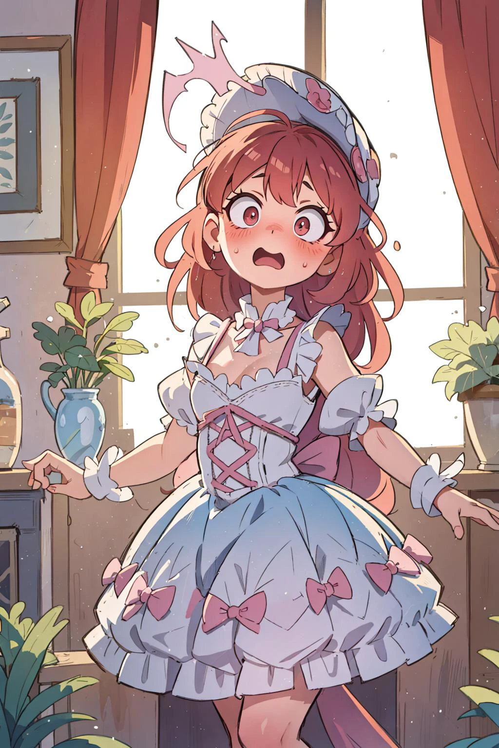 ((best quality, masterpiece)), ((style-swirlmagic):0.2),
1girl, ta_dress , mansion , living room, plants at window, embarrassed <lora:ArsEmbarrassed-t5:0.5>, (constricted pupils, small pupils), blush , open mouth,
<lora:more_details:-0.2>,<lora:Constricted Pupils5:0.5>, <lora:loliress_classic_1_v3:0.5>