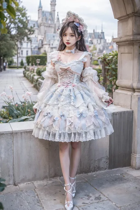 realistic, photorealistic, masterpiece, best quality, 1girl, long black hair, solo, standing, in castle garden, looking at viewer, hand on hip, lolita_dress, white socks, (pureerosface_v1:0.5), <lora:Cute Asian Face:0.6>, <lora:chinaDollLikeness_v10:0.2>, <lora:lolita_dress_classic_1_v3:0.7>