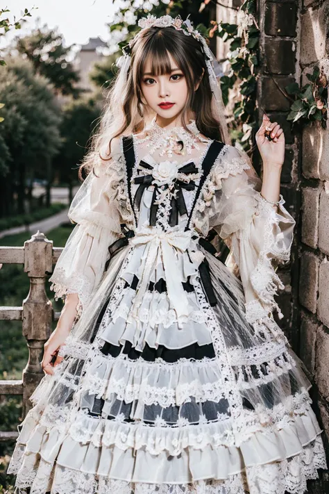 realistic, photorealistic, masterpiece, best quality, top quality, ultra high res, ta_dress, 1girl, solo, slim, looking at viewer, full body, long hair, standing, dynamic pose, detailed background, in garden, castle, netural lighting, (pureerosface_v1:0.5), <lora:Cute Asian Face:0.6>, <lora:chinaDollLikeness_v10:0.2>, <lora:loliasion_dress_classic_style2:0.7>