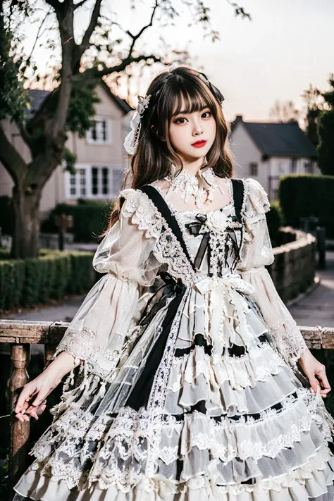 realistic, photorealistic, masterpiece, best quality, top quality, ultra high res, lolita_dress,   1girl, solo, slim, looking at viewer, cowboy shot, long hair, standing, dynamic pose, detailed background, in garden, castle, netural lighting, (pureerosface_v1:0.5), <lora:Cute Asian Face:0.2>, <lora:chinaDollLikeness_v10:0.7>, <lora:lolita_fasion_dress_classic_style2:0.65>