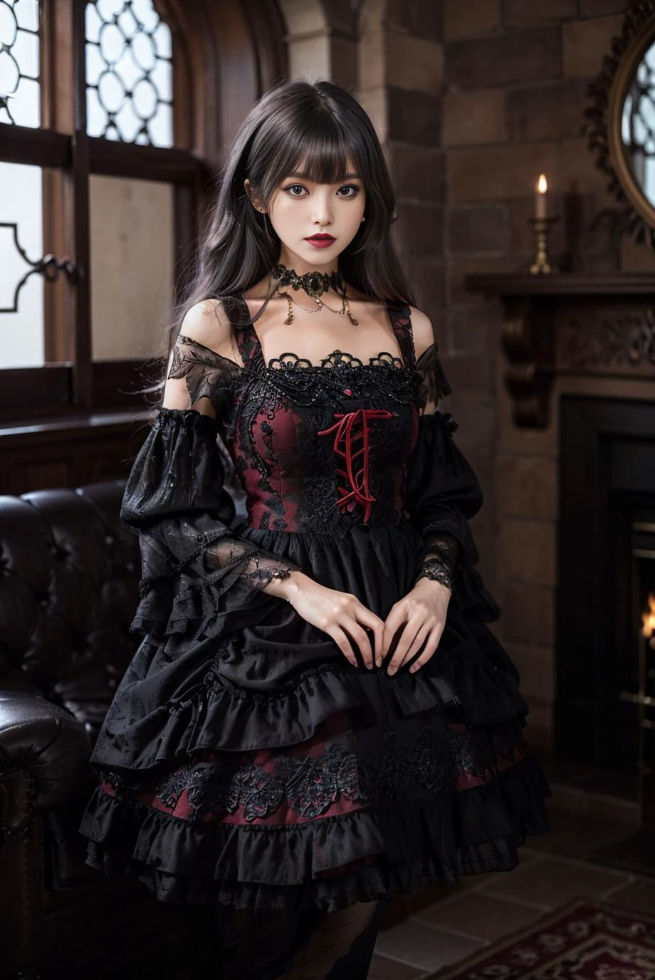 realistic, photorealistic, masterpiece, best quality, lo_dress, long sleeves, detached sleeves, black pantyhose, 1girl, solo, slim, looking at viewer, long black hair, standing, in castle, window, fireplace, detailed background, <lora:Cute Asian Face:0.8>, <lora:lo_dress_gothic_style1_v2:0.7>