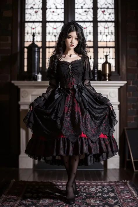 masterpiece, best quality, lo_dress, long sleeves, detached sleeves, black pantyhose, 1girl, solo, slim, looking at viewer, long black hair, standing, in castle, window, fireplace, detailed background, <lora:lo_dress_gothic_style2_v2:0.7>