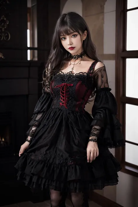 realistic, photorealistic, masterpiece, best quality, lo_dress, long sleeves, detached sleeves,  black pantyhose, 1girl, solo, slim, looking at viewer, long black hair, standing, in castle, window, fireplace, detailed background, <lora:Cute Asian Face:0.8>, <lora:lo_dress_gothic_style1_v2:0.7>