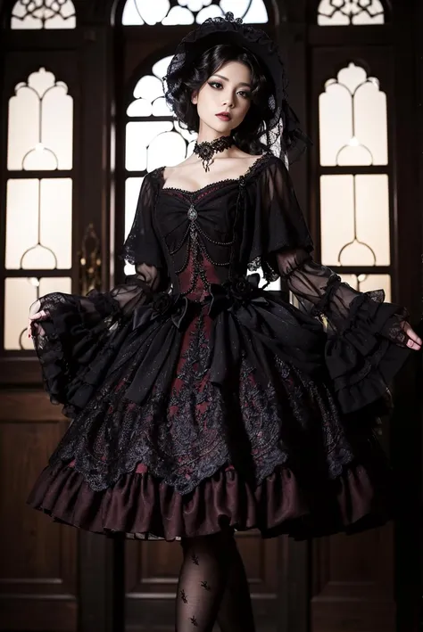 masterpiece, best quality, lo_dress, long sleeves, detached sleeves, black pantyhose, 1girl, solo, slim, looking at viewer, long black hair, standing, in castle, window, fireplace, detailed background, <lora:lo_dress_gothic_style2_v2:0.7>