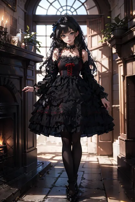 masterpiece, best quality, lo_dress, long sleeves, detached sleeves, black pantyhose, 1girl, solo, slim, looking at viewer, long black hair, standing, in castle, window, fireplace, detailed background, <lora:lo_dress_gothic_style1_v2:0.7>