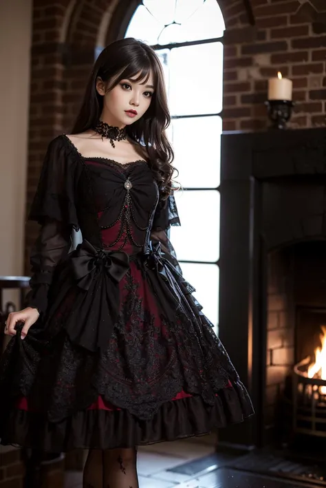 masterpiece, best quality, lo_dress, long sleeves, detached sleeves, black pantyhose, 1girl, solo, slim, looking at viewer, long black hair, standing, in castle, window, fireplace, detailed background, <lora:lo_dress_gothic_style2_v2:0.7>